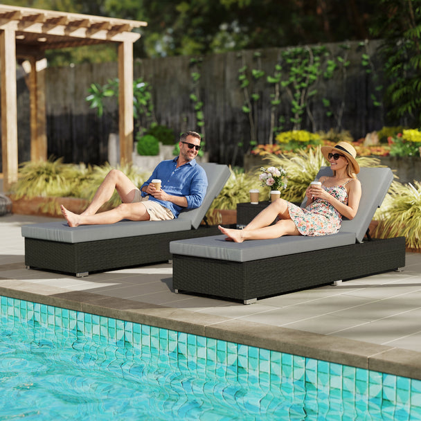 Outsunny Rattan Sun Loungers Set of 2 with Side Table, Garden Recliner Sunbeds with Adjustable Back, Cushions, Dark Grey – view 2