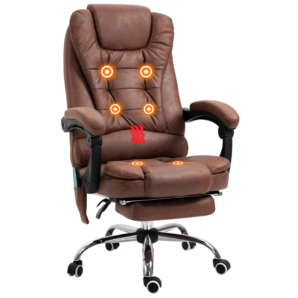 Brown microfibre heated massage executive office chair with armrests, reclining back and footrest
