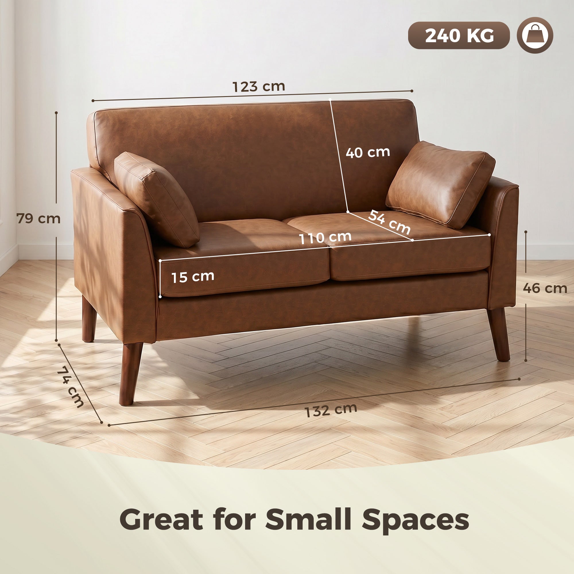 2 Seater Sofa, 132 cm Modern Small Sofa with Solid Wood Legs and 2 Pillows for Small Space, Brown