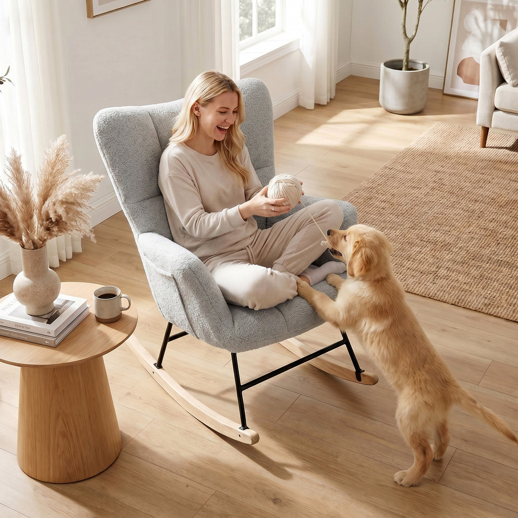 Rocking Chair, Teddy Fleece Rocker Chair with Tufted Wingback, Side Pockets, Rubber Wood Legs, Light Grey