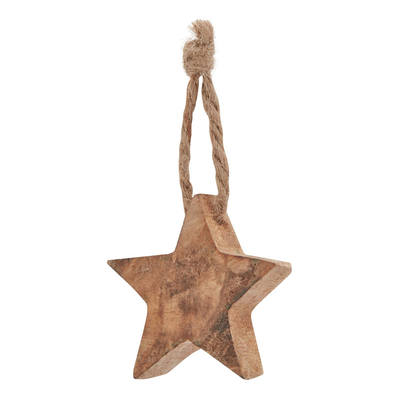 Mid-brown wooden star decoration on a jute loop