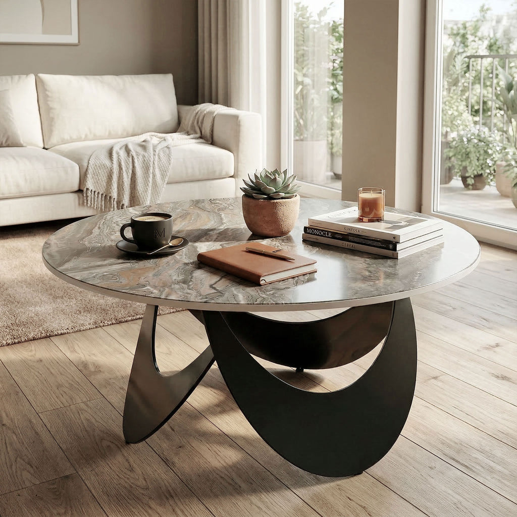 Coffee Table Sintered Stone Top Adjustable Foot Pads Modern Centre Table for Living Room Brown and Black