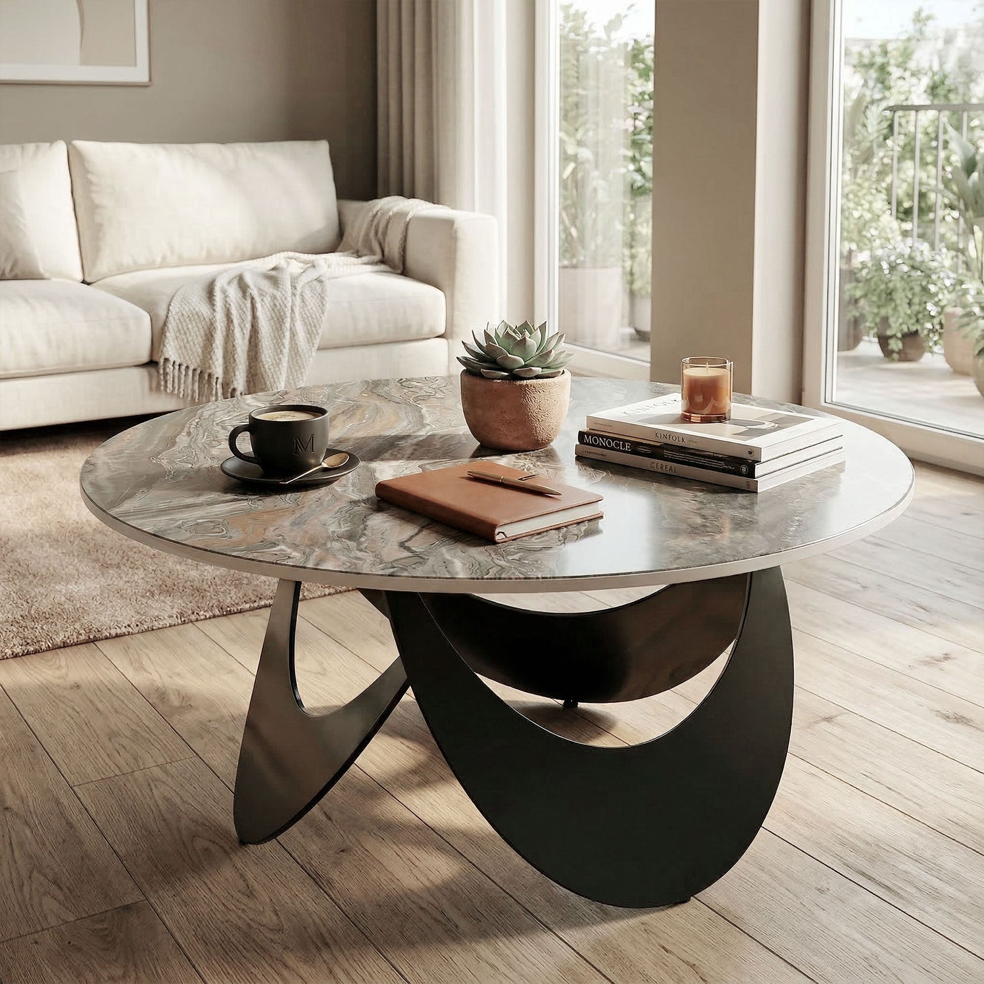 Coffee Table Sintered Stone Top Adjustable Foot Pads Modern Centre Table for Living Room Brown and Black