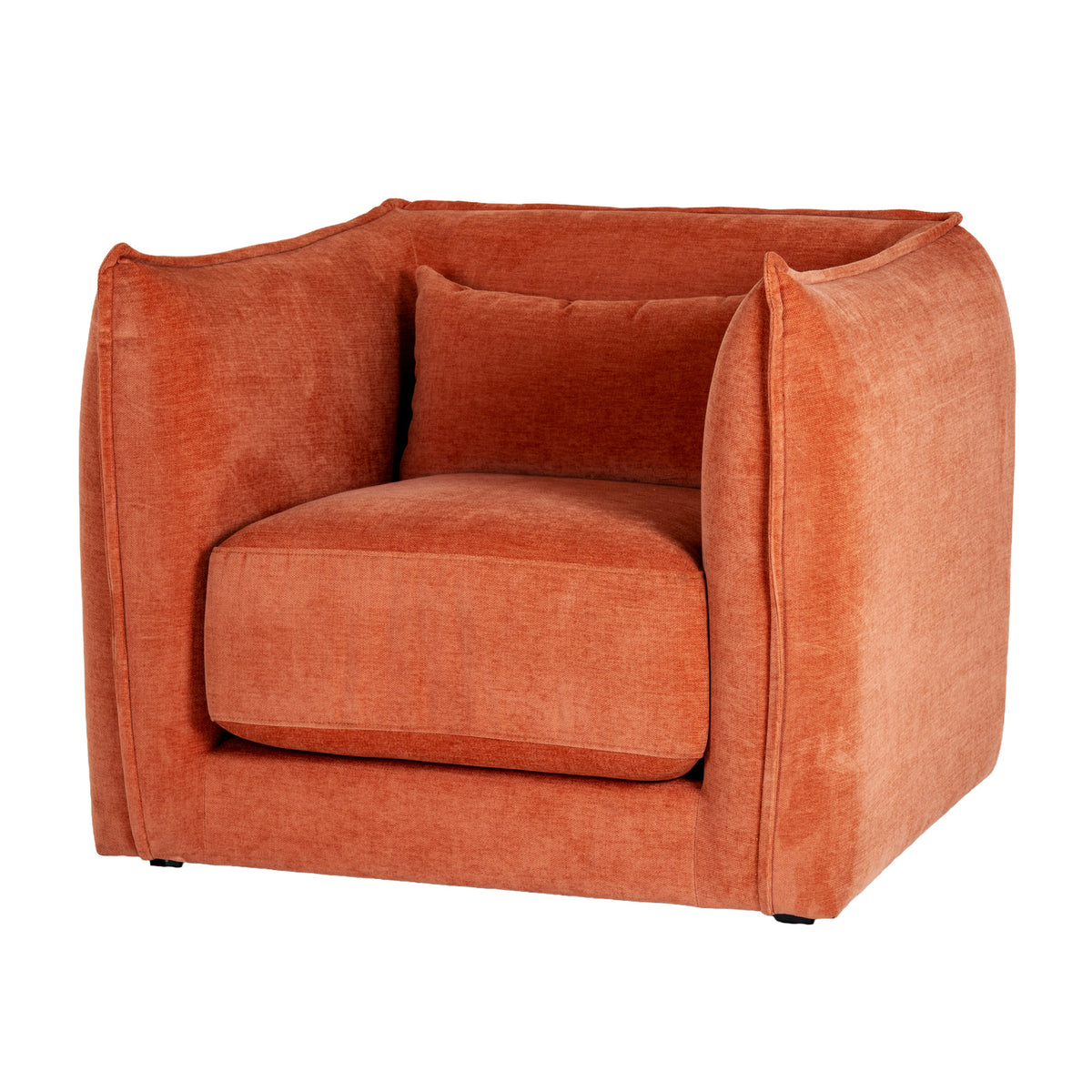 Pembroke burnt orange armchair with scatter cushion, three-quarter view