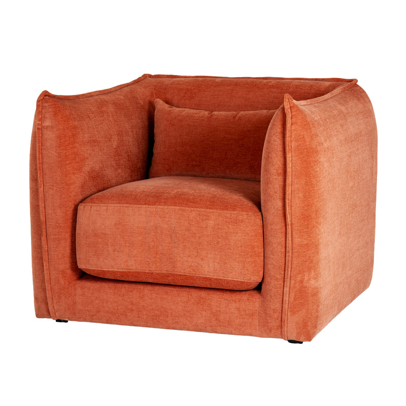 Pembroke burnt orange armchair with scatter cushion, three-quarter view