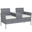 Mixed grey 2-seater rattan bench with cream cushions and glass-top middle table