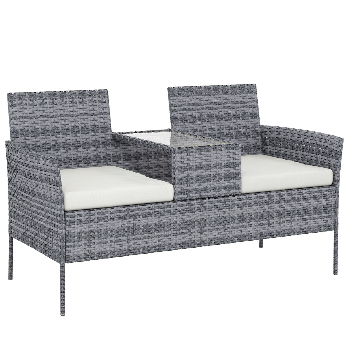 Mixed grey 2-seater rattan bench with cream cushions and glass-top middle table