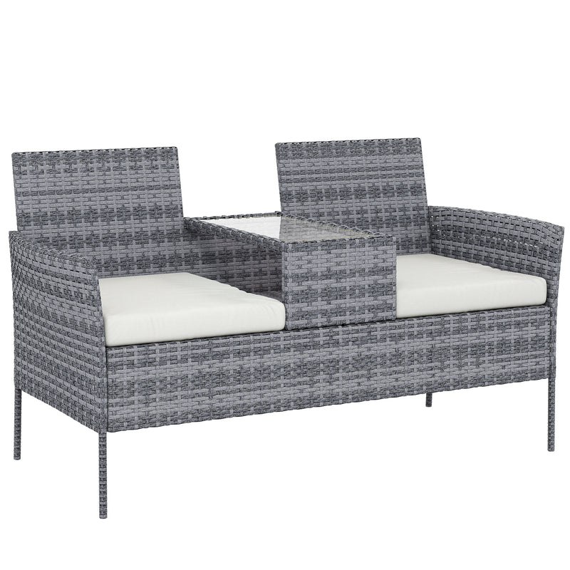 Mixed grey 2-seater rattan bench with cream cushions and glass-top middle table