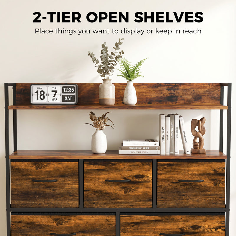 HOMCOM Chest of Drawers, Bedroom Fabric Dresser with 5 Drawers, Storage Organiser Unit with Open Shelves, Rustic Brown – view 5