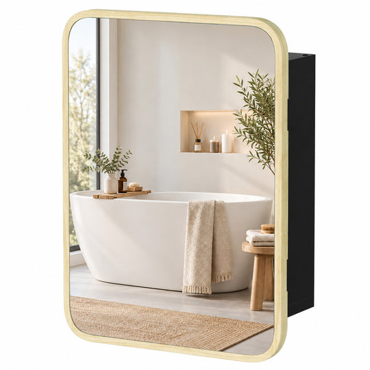 Natural wood-effect compact bathroom mirror cabinet with magnetic door and adjustable shelf