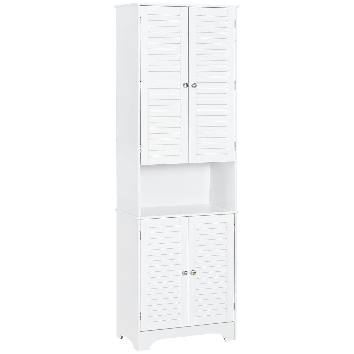 Tall white freestanding bathroom cabinet with retro shutter doors and open middle compartment
