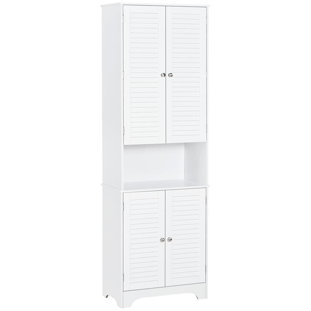 Tall white freestanding bathroom cabinet with retro shutter doors and open middle compartment