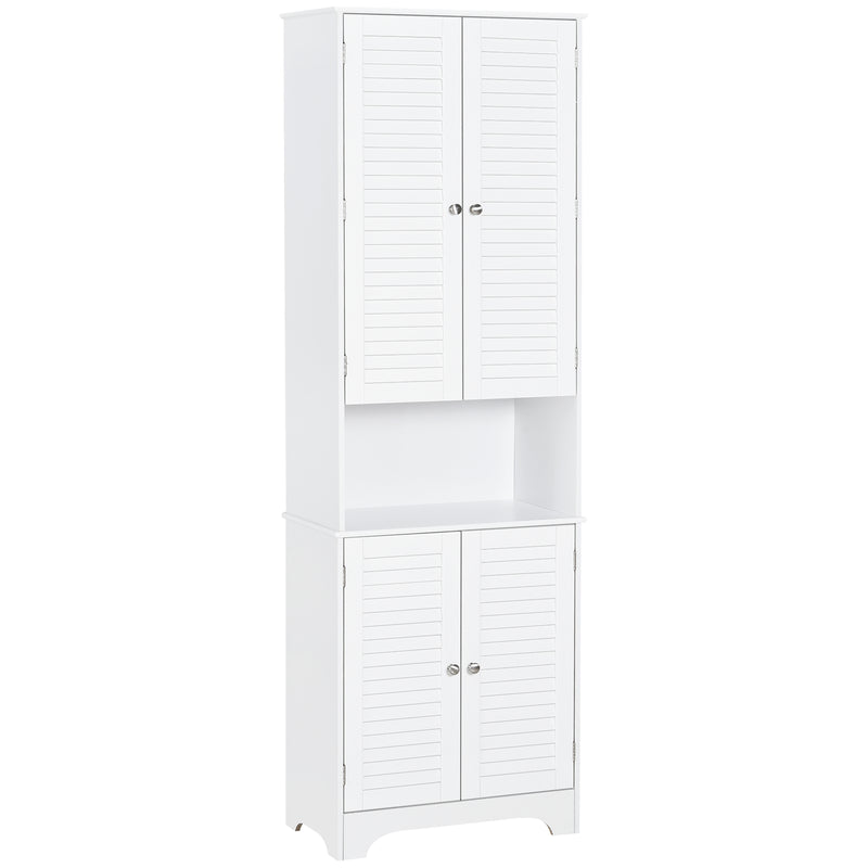 Tall white freestanding bathroom cabinet with retro shutter doors and open middle compartment