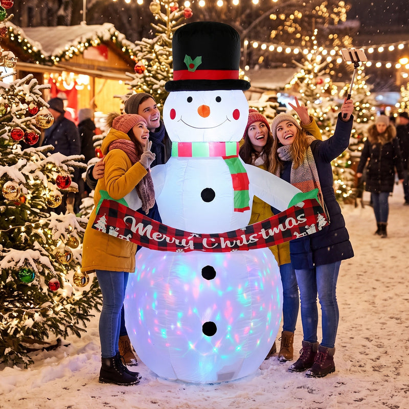 6.7ft Musical Snowman Christmas Inflatable in a festive outdoor setting
