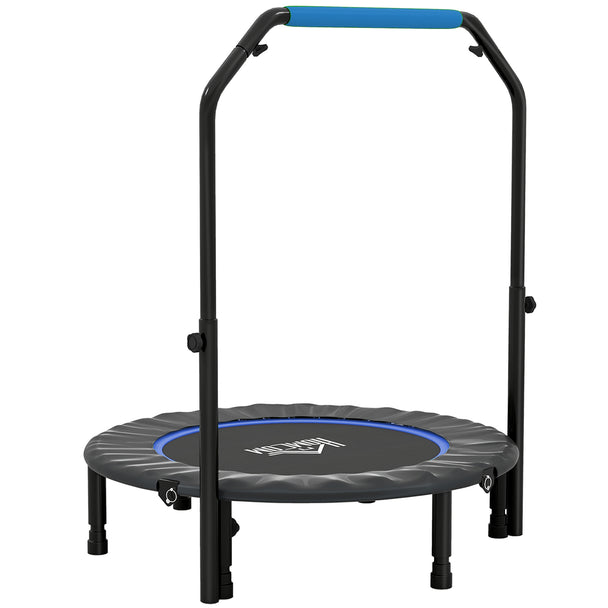 Blue 40-inch foldable mini fitness trampoline with adjustable foam-padded handlebar and six legs