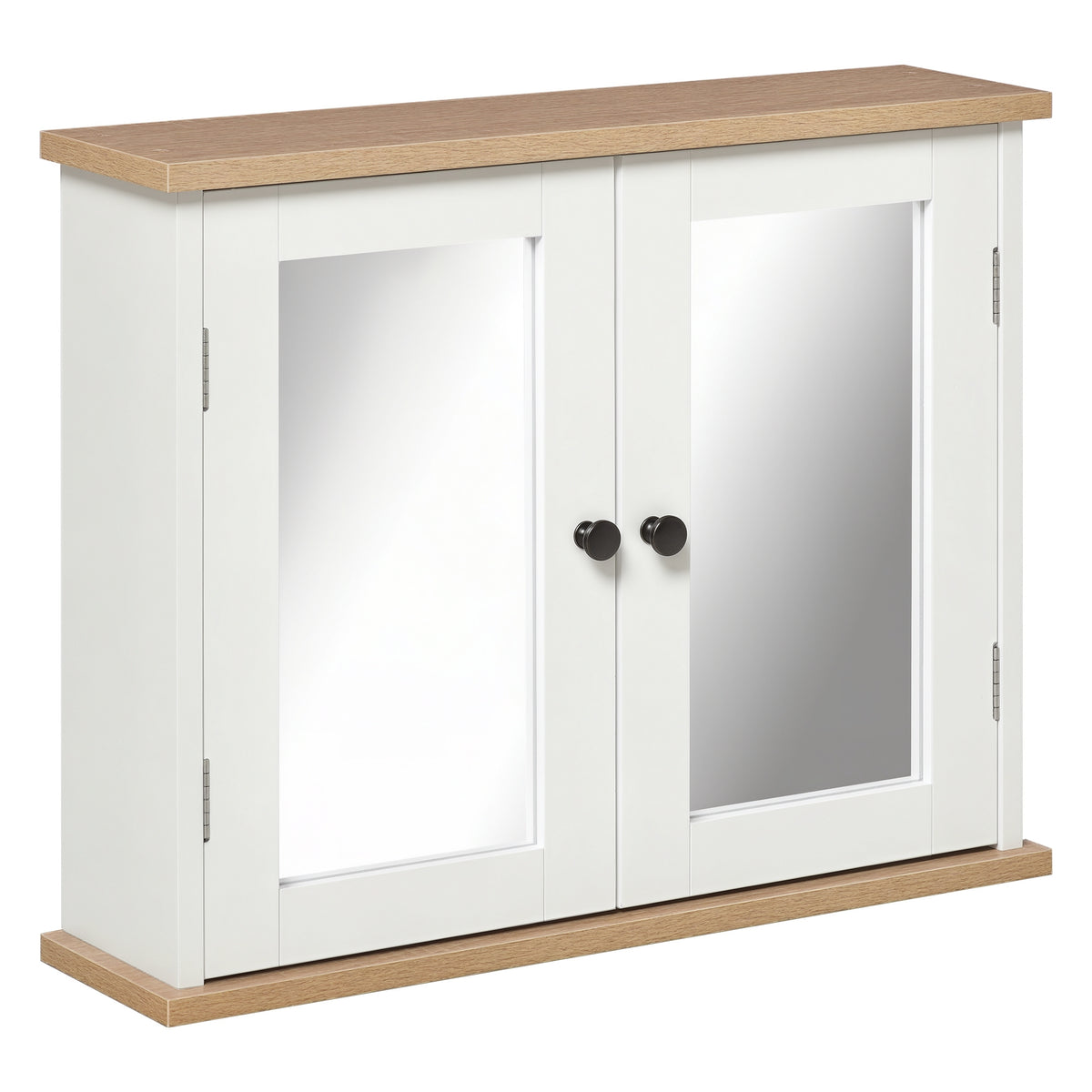 White wall-mounted mirror cabinet with two mirrored doors and wood-effect top and bottom panels