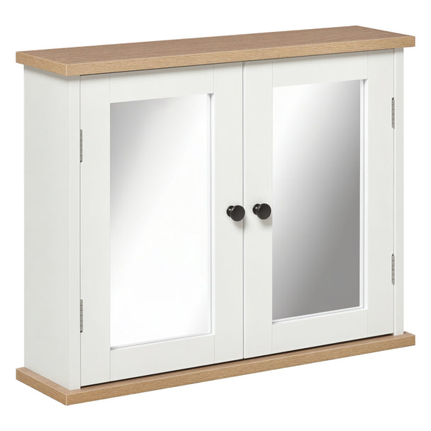 White wall-mounted mirror cabinet with two mirrored doors and wood-effect top and bottom panels