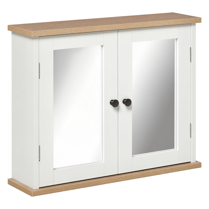 White wall-mounted mirror cabinet with two mirrored doors and wood-effect top and bottom panels