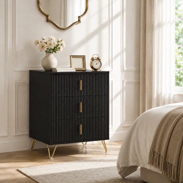 HOMCOM Modern 3-Drawer Dresser, Fluted Bedroom Dresser Chest of Drawers with Metal Legs and Steel Handles for Bedroom – view 2