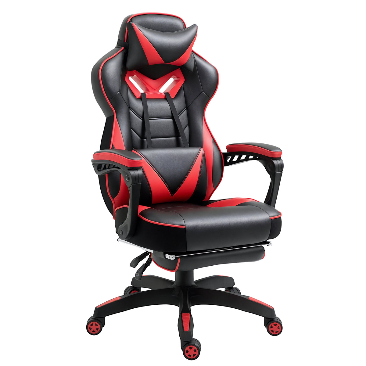 Black and red faux leather racing gaming chair with headrest, lumbar pillow and extended footrest