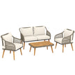 4-piece cream rattan sofa set with grey cushions, acacia wood legs and slatted coffee table