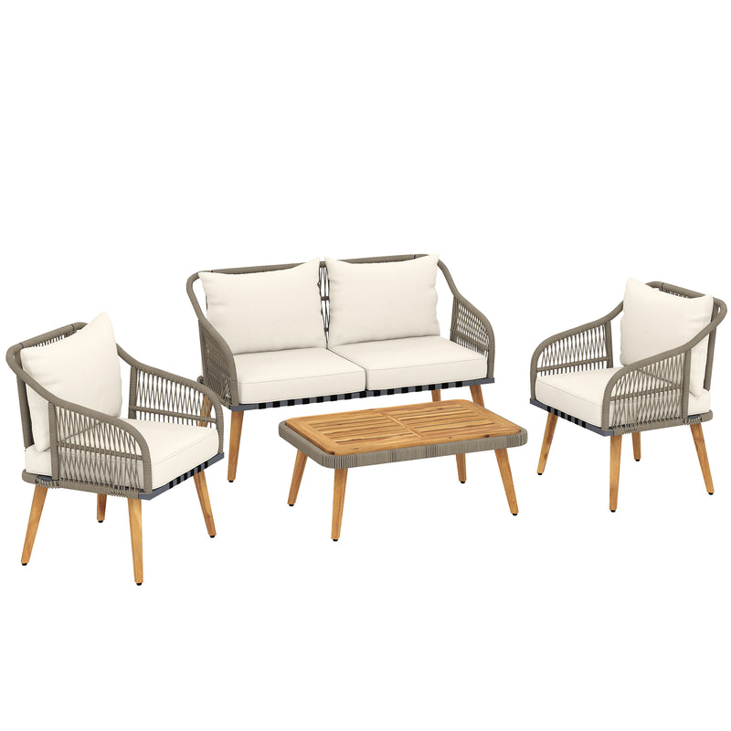 4-piece cream rattan sofa set with grey cushions, acacia wood legs and slatted coffee table