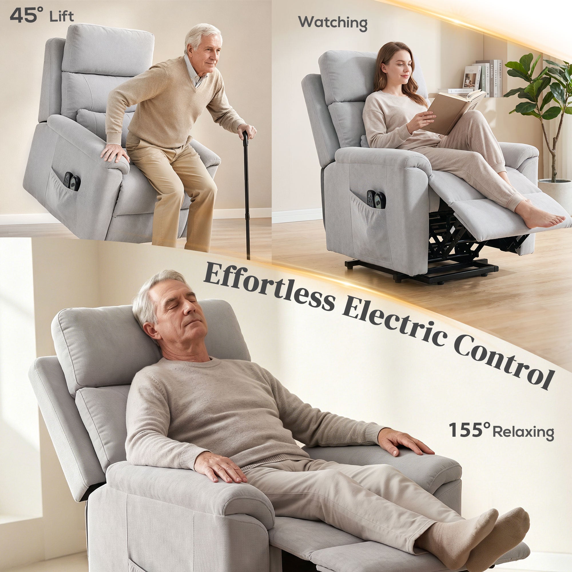 Power lift recliner chair with Massage and Heat, Terry Cloth Electric Lift Chair with Spring Cushion, Light Grey