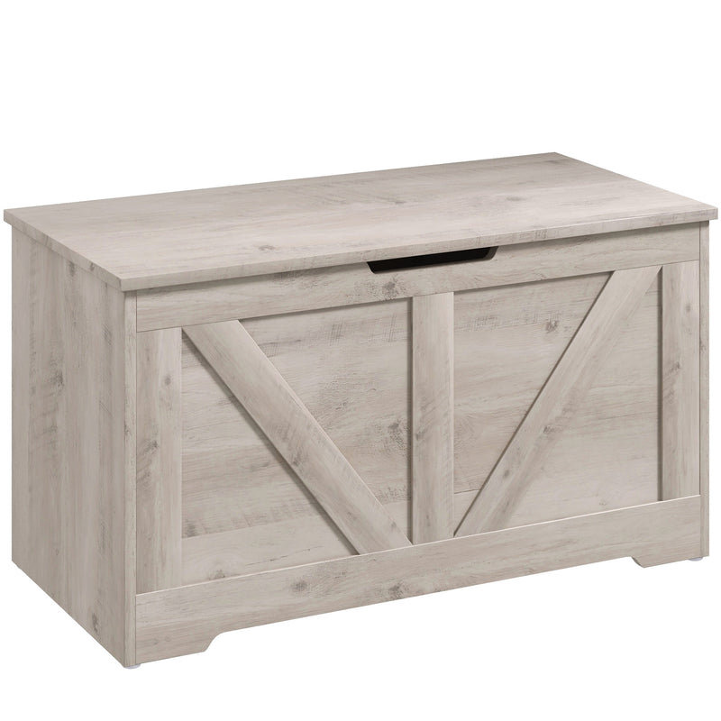 Grey wood-effect 100L storage chest with safety hinge and flat seat lid