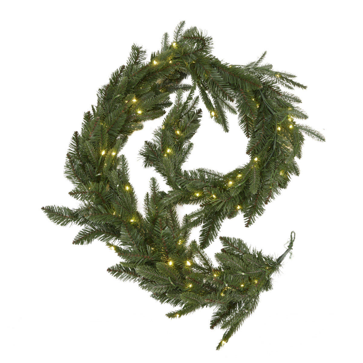 Pre-lit fir garland coiled with LED lights on
