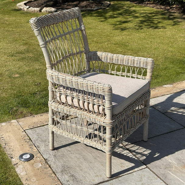 Provence Rattan-Effect Garden Dining Chair with Cushion, rattan-effect garden dining chair with cushion on a lawn