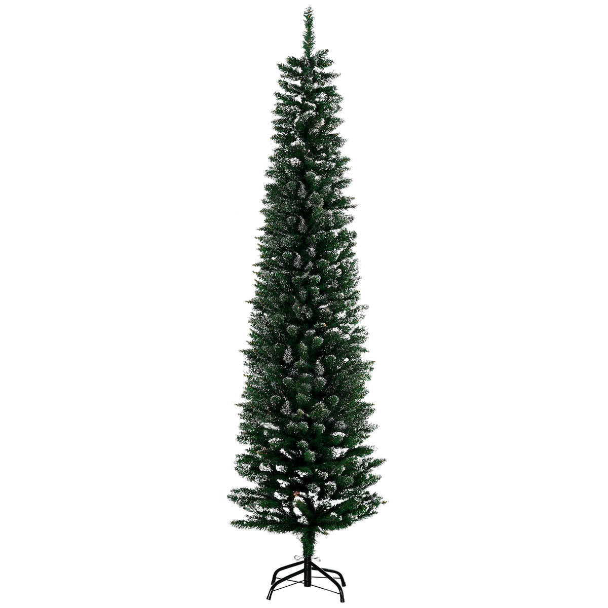 6ft slim green pencil Christmas tree with white snow-dipped tips on a black foldable stand