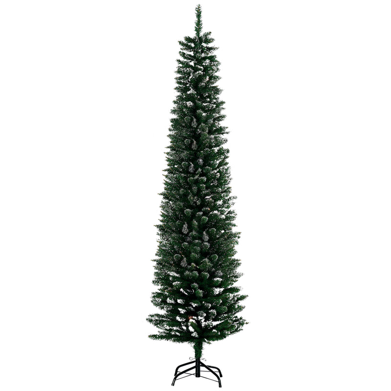 6ft slim green pencil Christmas tree with white snow-dipped tips on a black foldable stand