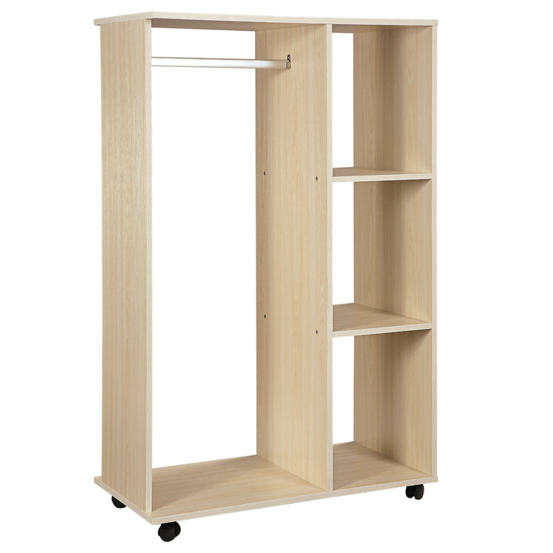 Maple wood-effect open wardrobe on wheels with hanging rail and three shelves