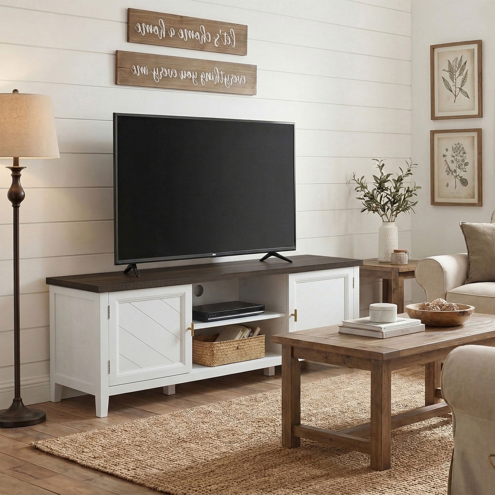 TV Unit for TVs up to 42 Inch, Farmhouse Entertainment Centre with 2 Open Shelves, 2 Cabinets and Thick Top