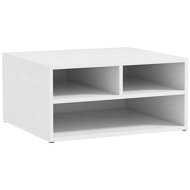 White desktop printer stand with three open storage compartments