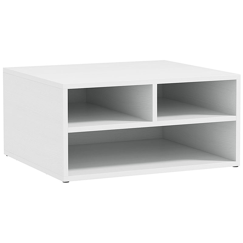 White desktop printer stand with three open storage compartments