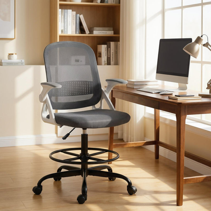 HOMCOM Painting Chair, Mesh Computer Desk Chair with Flip-up Armrests, Grey – view 10