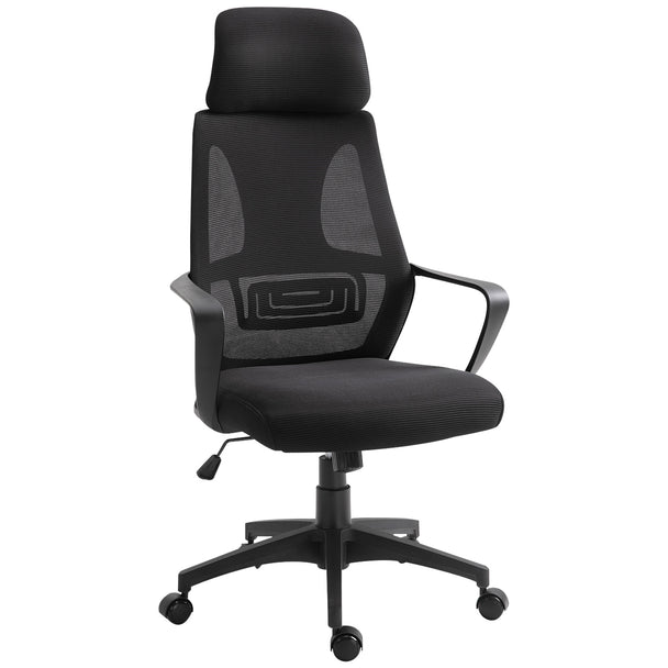 Black high-back mesh office chair with padded adjustable headrest, armrests and castor wheels