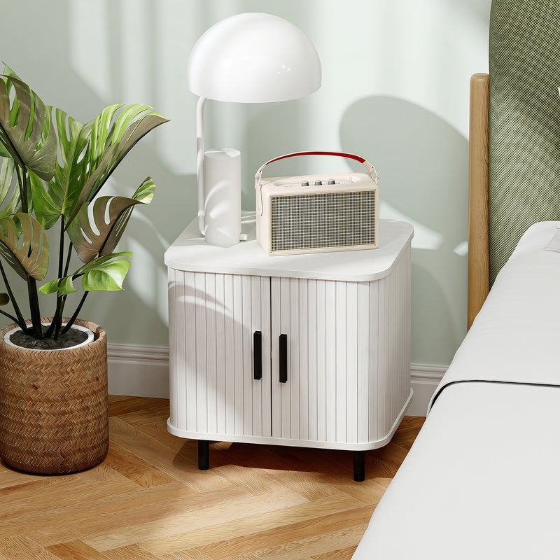 HOMCOM Nightstand with Sliding Doors and Metal Legs White Wood Effect – view 2
