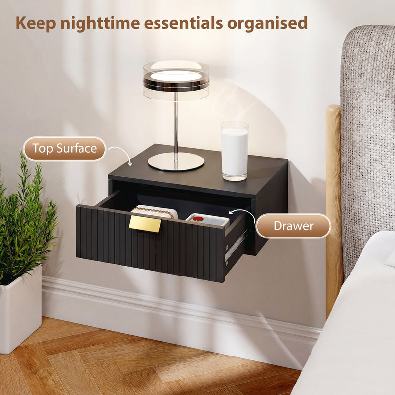 HOMCOM Modern Floating Nightstands Set of 2, Wall Mounted Bedside Tables with Wave Drawer Black – view 5