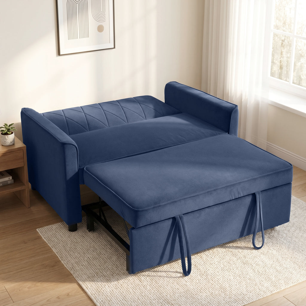 2 Seater Sofa Bed, 3-in-1 Convertible Pull Out Sleeper Sofa with Click-Clack Adjustable Backrest, Dark Blue