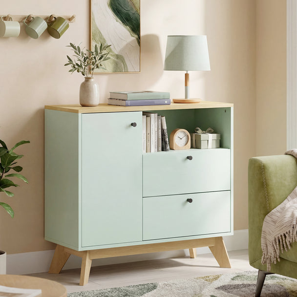 HOMCOM Sideboard Storage Cabinet, 80 cm Buffet Cabinet with 2 Drawers, Open Compartment, Adjustable Shelf, Light Green – view 2