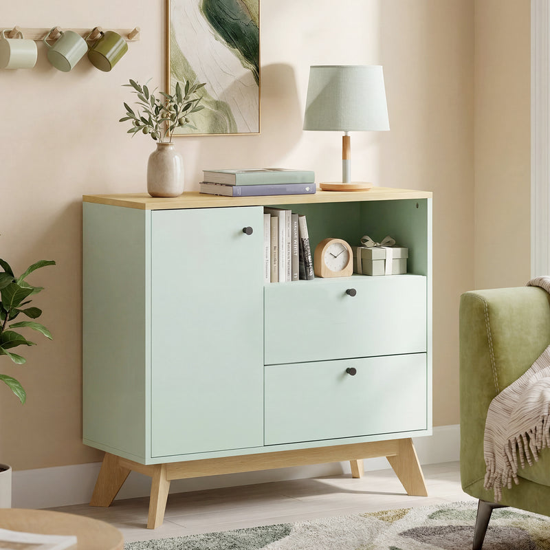 HOMCOM Sideboard Storage Cabinet, 80 cm Buffet Cabinet with 2 Drawers, Open Compartment, Adjustable Shelf, Light Green – view 2