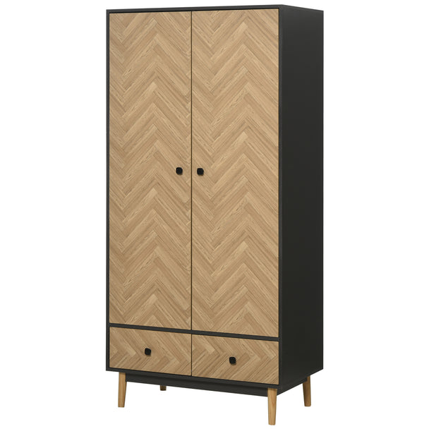 Dark grey and natural wood 90 cm wardrobe with two hanging rails, shelves and two drawers on pine legs