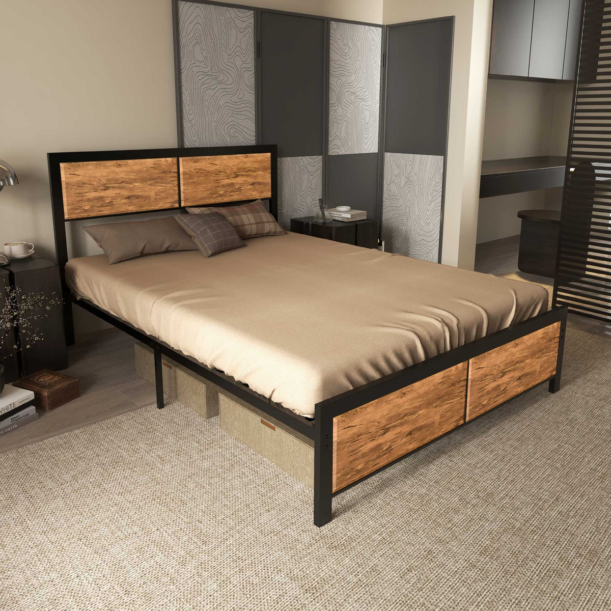 Rustic brown and black industrial double bed frame with high underbed clearance