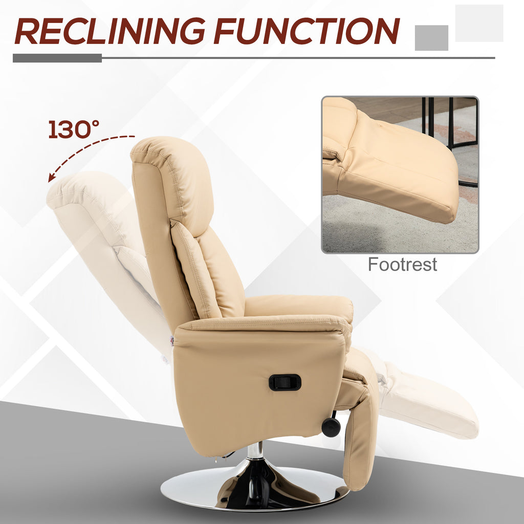 Adjustable Swivel Recliner, Manual Recliner Chair with Footrest, Padded Arms, PU Leather Upholstery, Beige