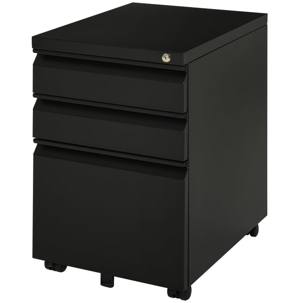 Black anti-tilt steel 3-drawer mobile filing cabinet with top lock and castors