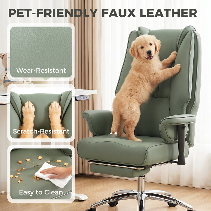 HOMCOM Executive Office Chair, Reclining Desk Chair with Footrest, Adjustable Armrests, Pet Friendly Faux Leather, Green – view 7