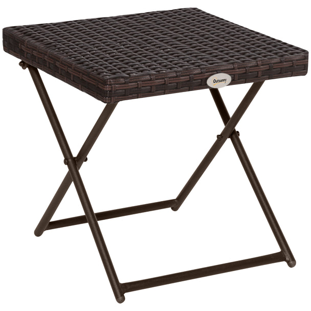 Brown folding square side table with PE rattan top and steel base
