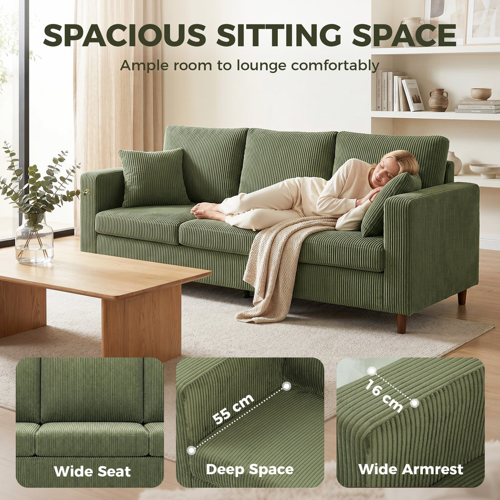 3 Seater Sofa with Wide Seat, Corduroy Fabric Couch with Deep Seat, Spring Cushion, Green